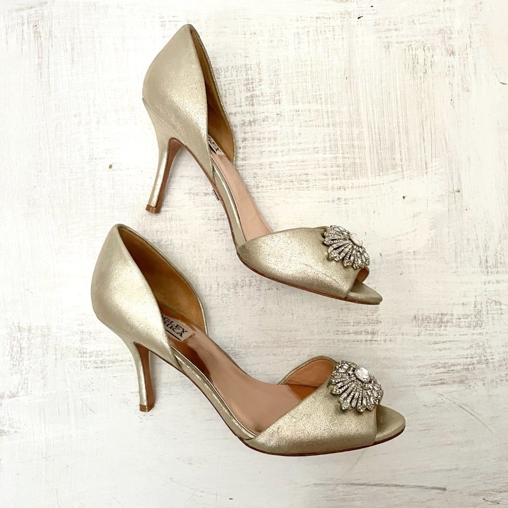 Badgley Mischka Champagne D'Orsay Peep Toe Heels with Rhinestones Size 8 - Picture 5 of 13